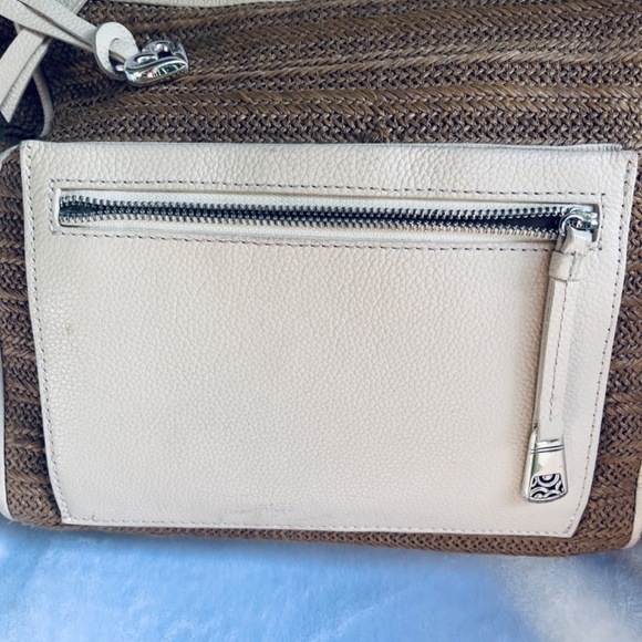 BRIGHTON Cream & Tan Raffia Wicker Genuine Leather Shoulder Bag Tote Purse - Picture 7 of 14